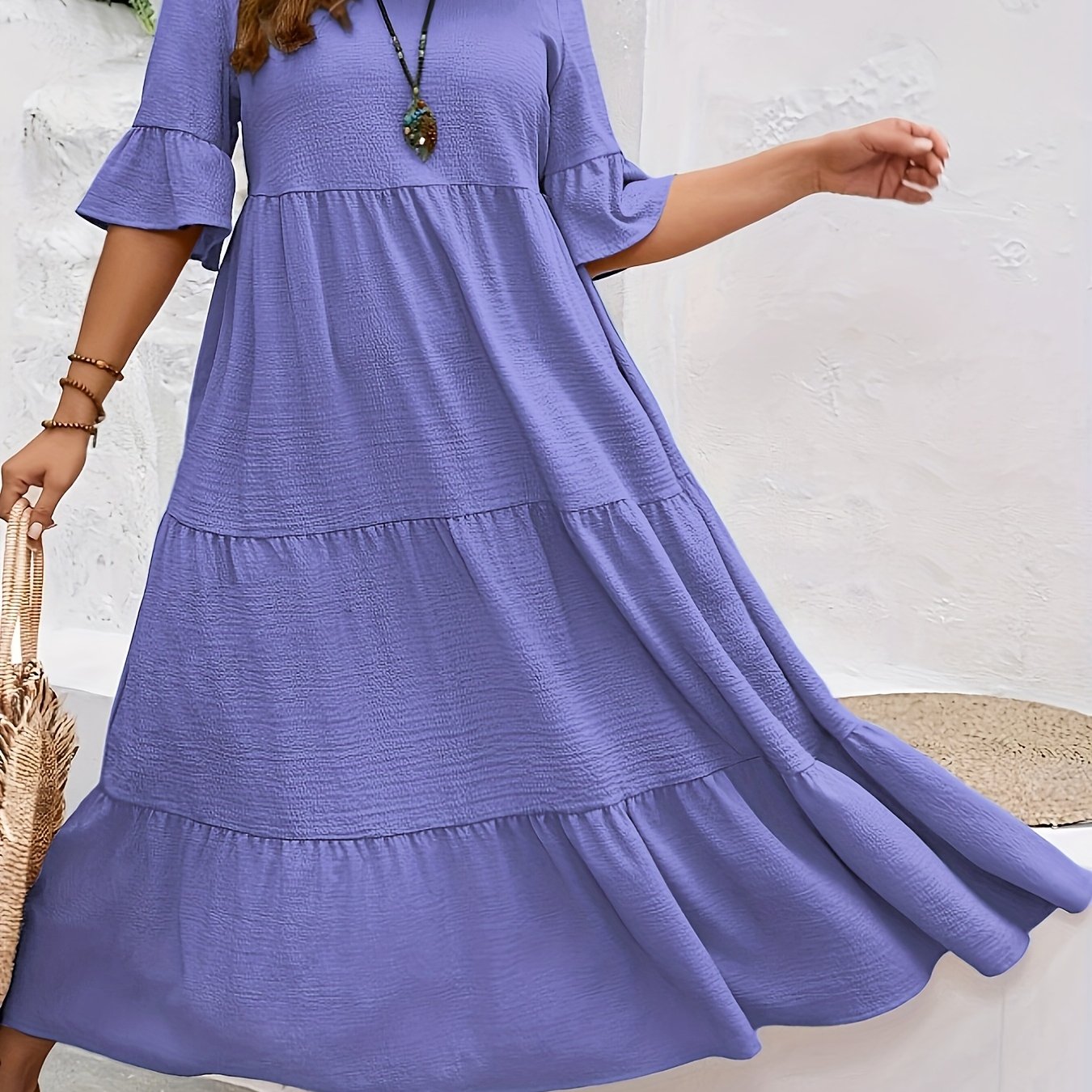 Solid V-Neck Flared Midi Dress