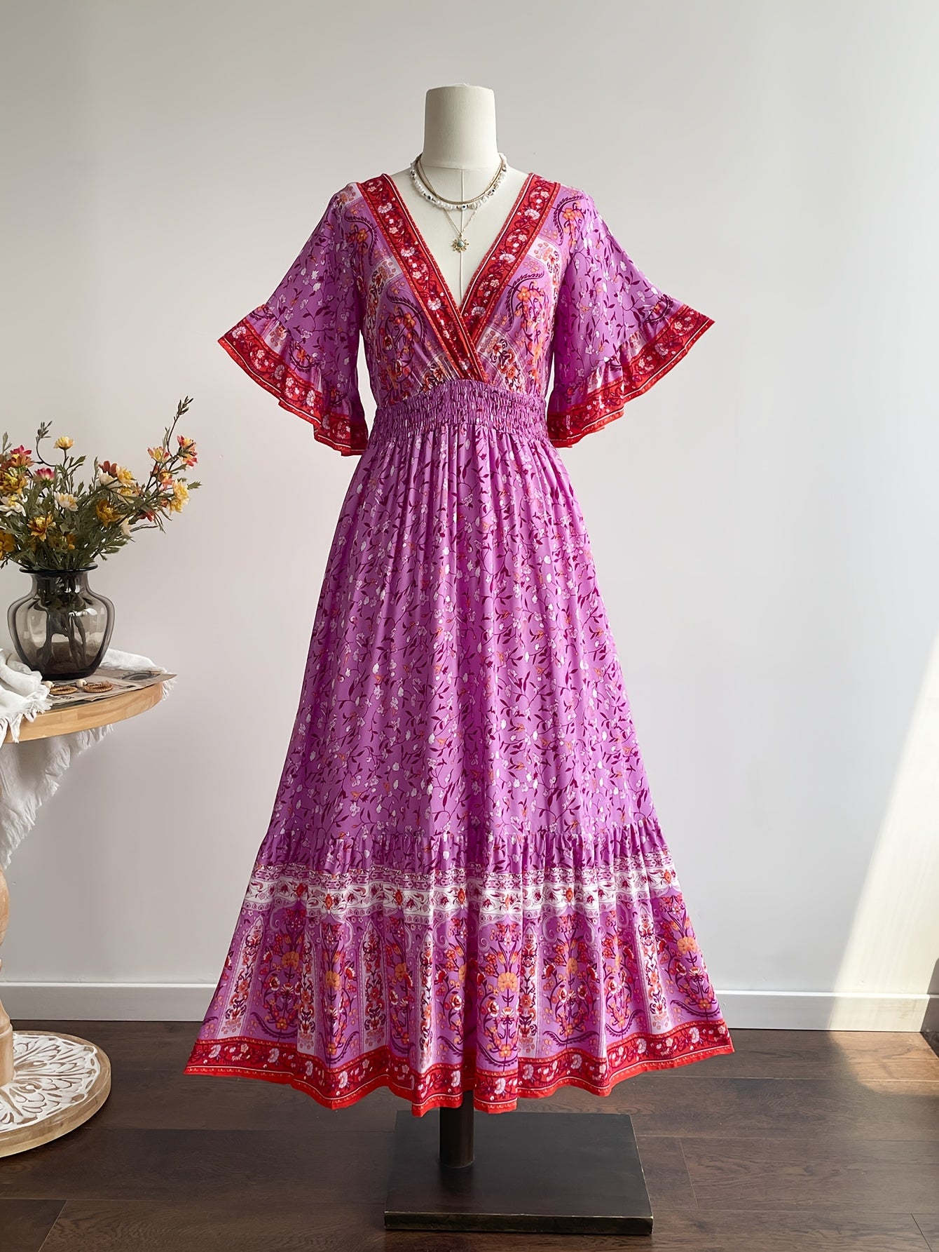 Rustic Floral V-Neck Maxi Dress