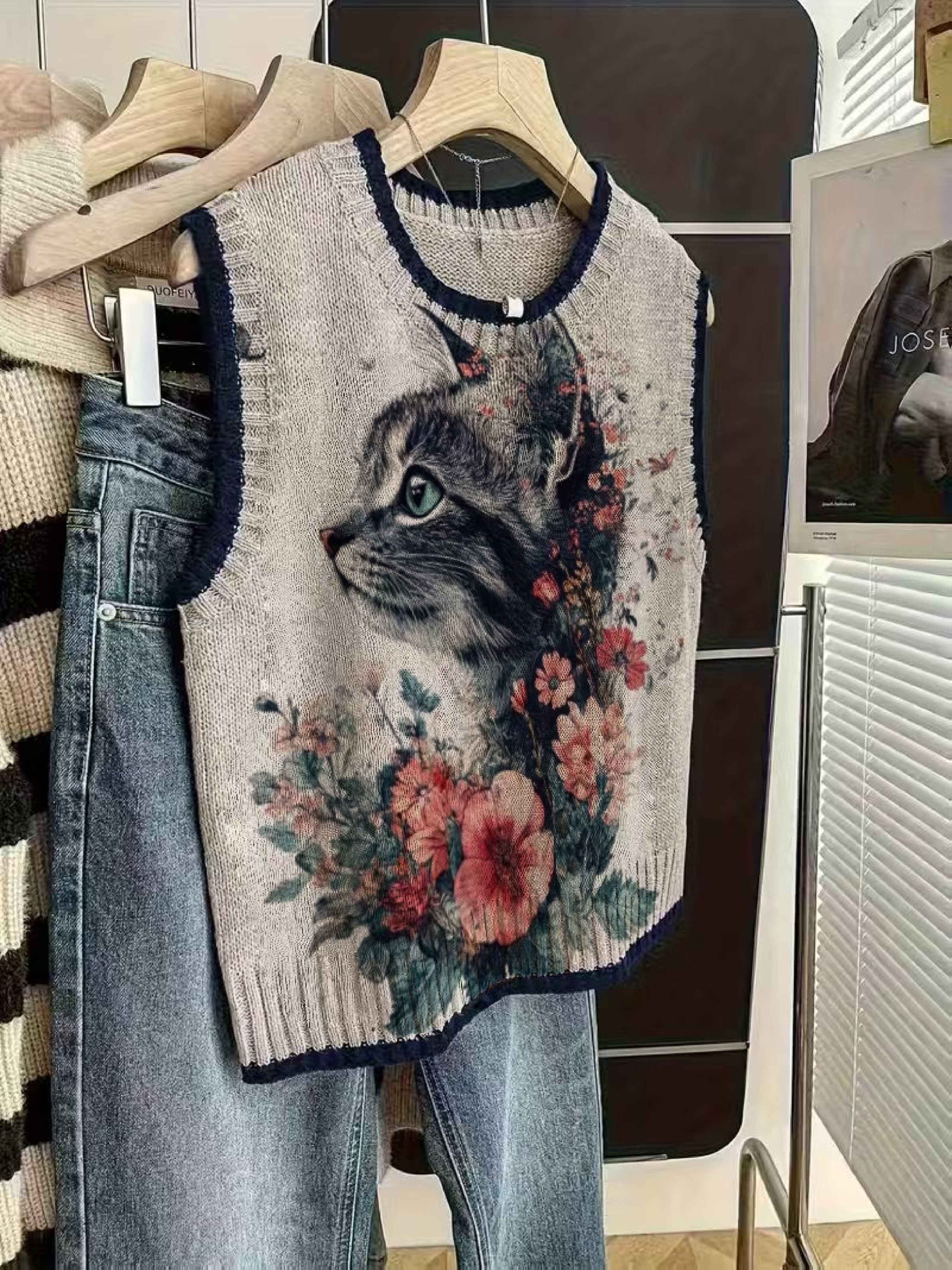 Cat Illustration Knit Vest