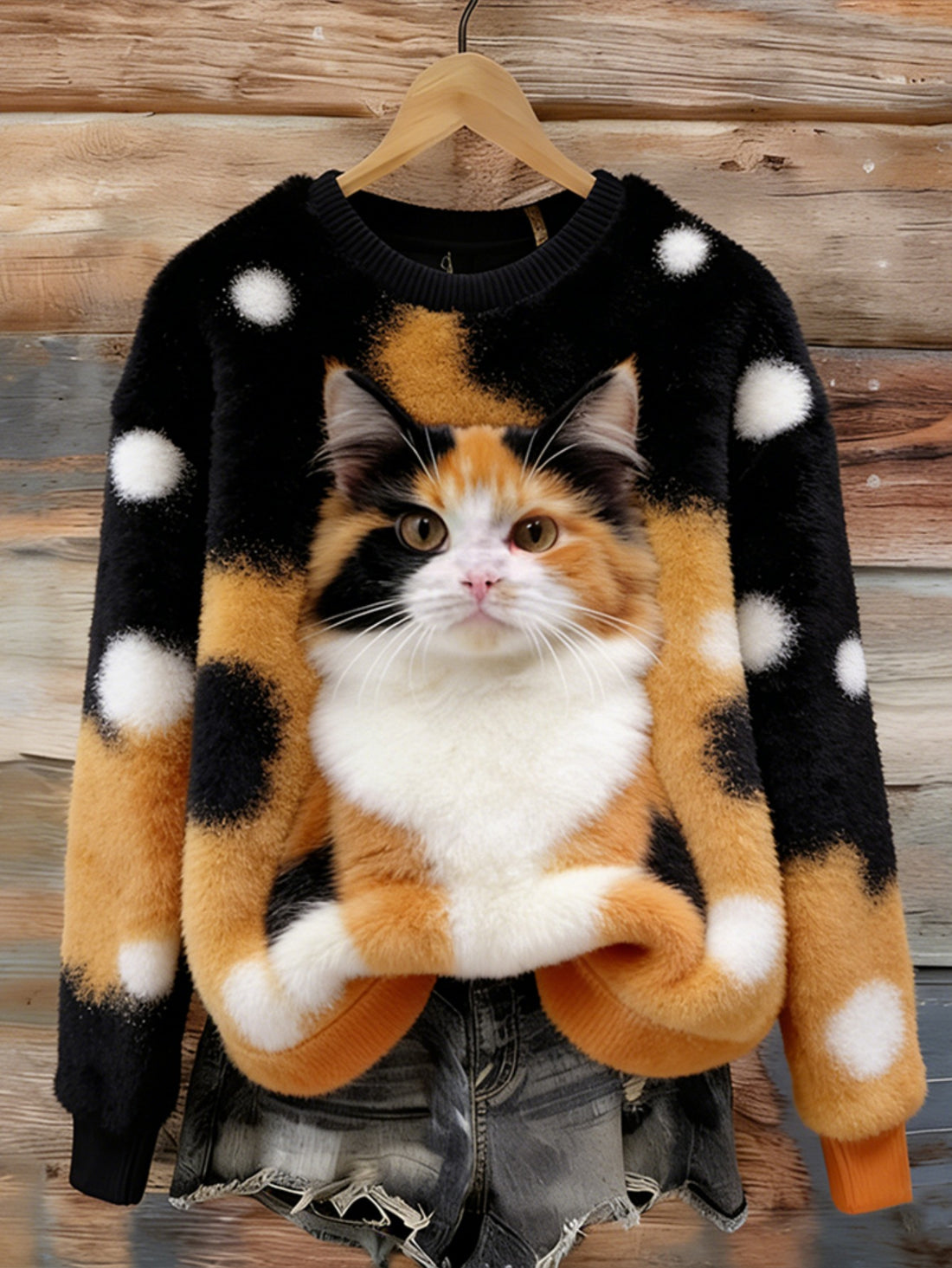 Polka Dot Cat Pattern Crew Sweatshirt