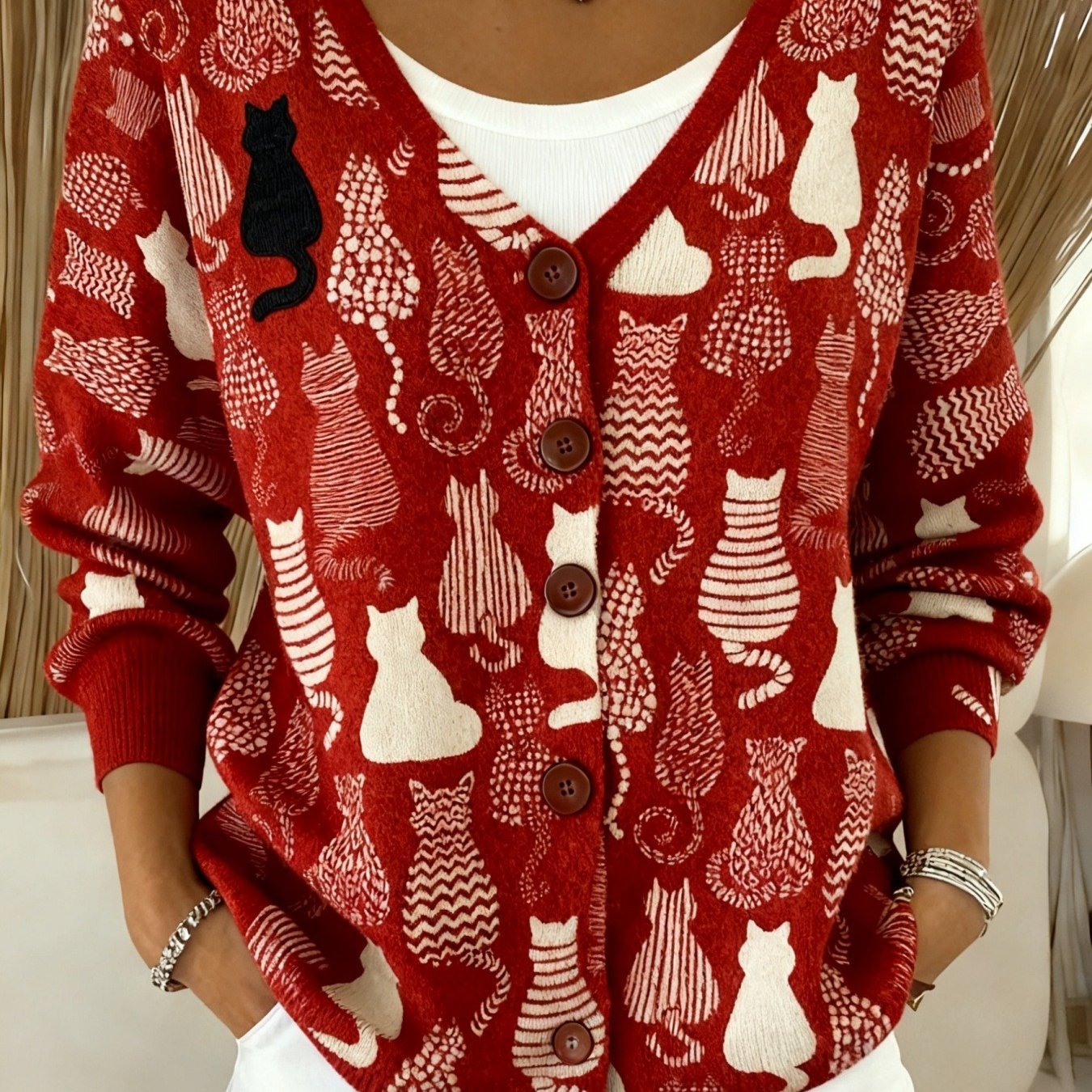 Cat Print V-Neck Casual Cardigan