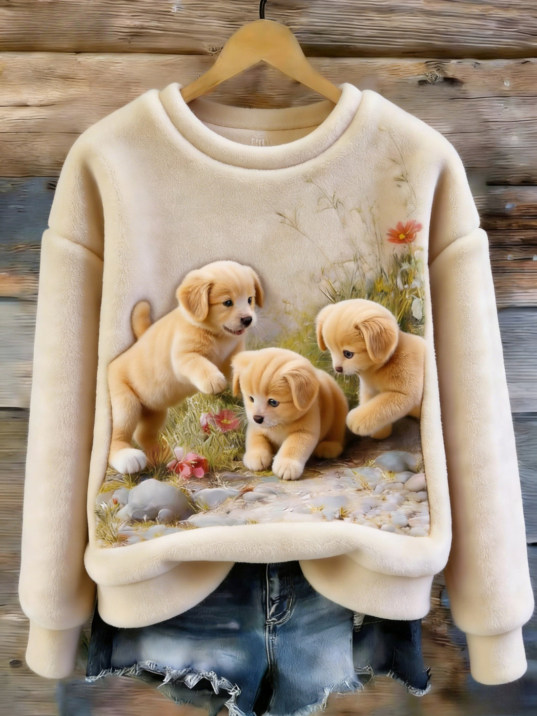 Puppy Print Long Sleeve Crew Sweatshirt