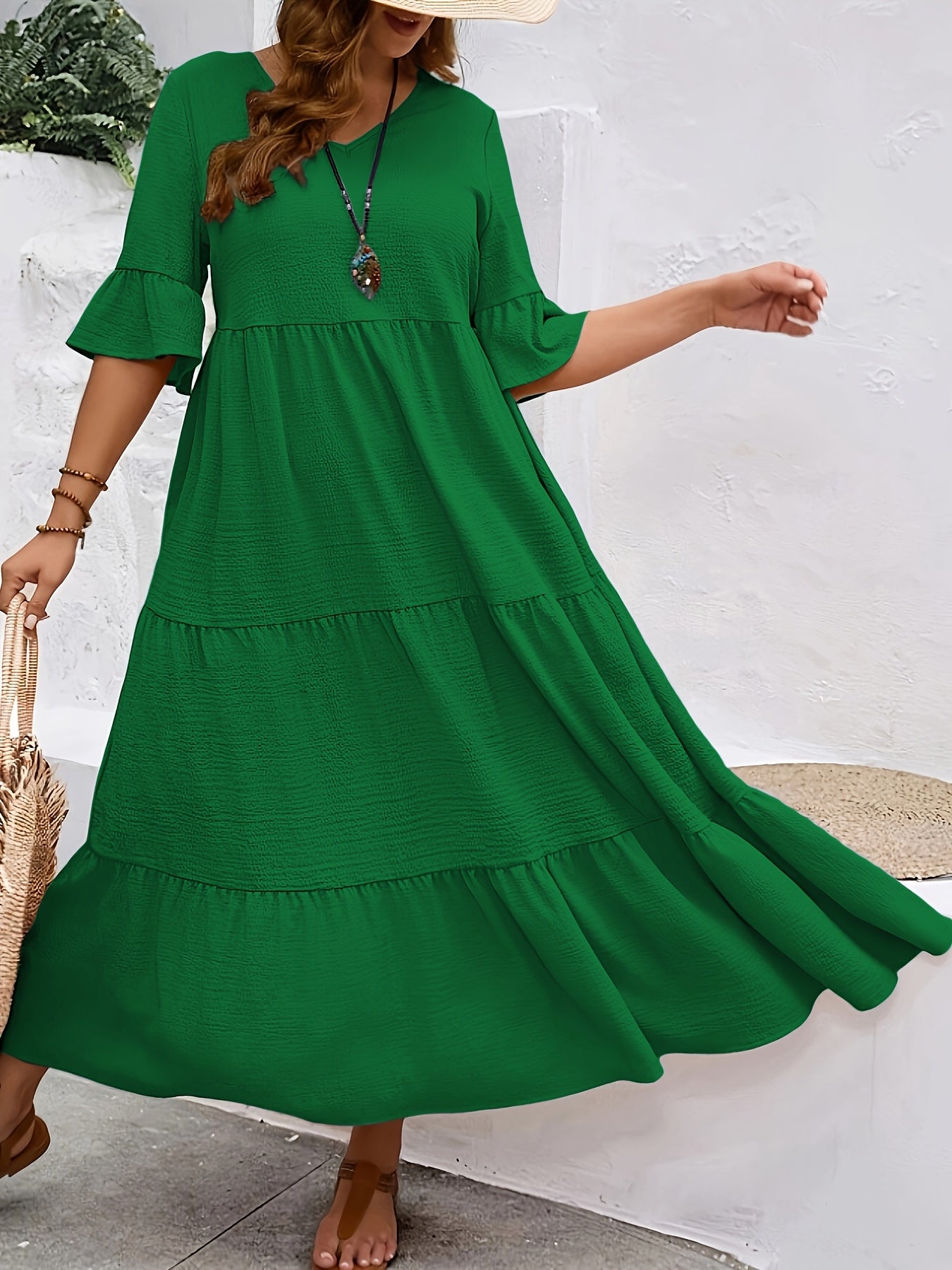 Solid V-Neck Flared Midi Dress