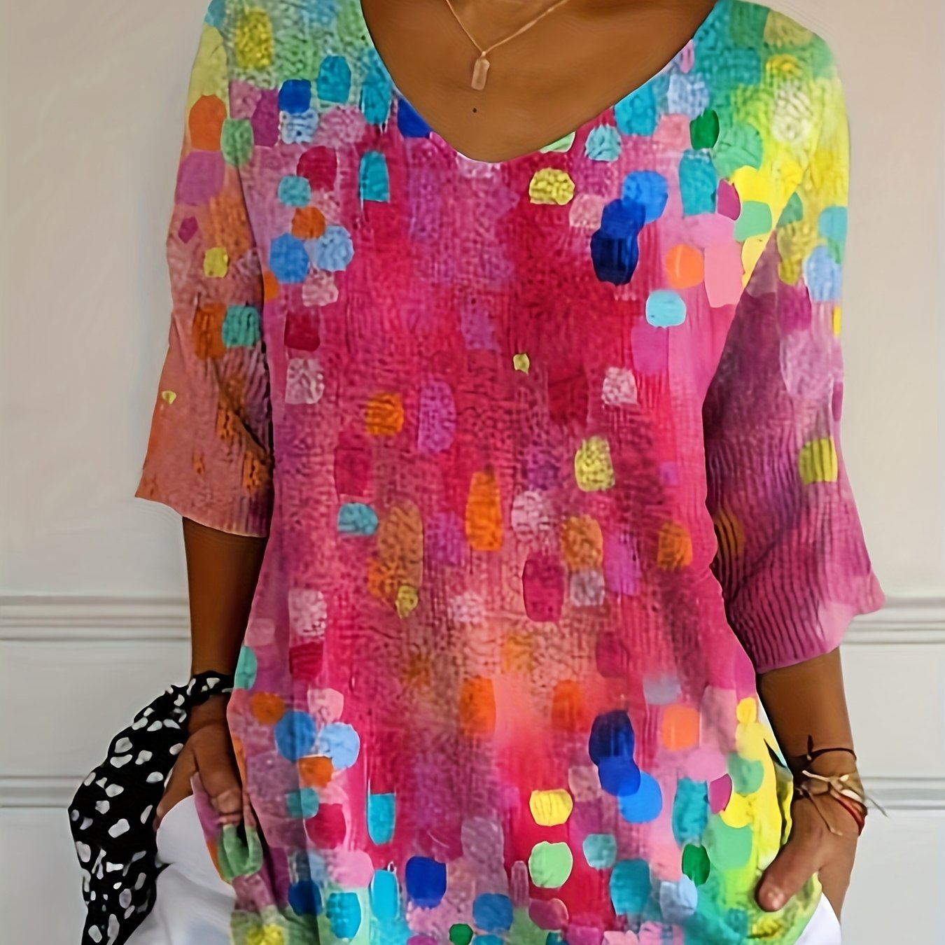 Polka Dot V-Neck Mid-Sleeve Top