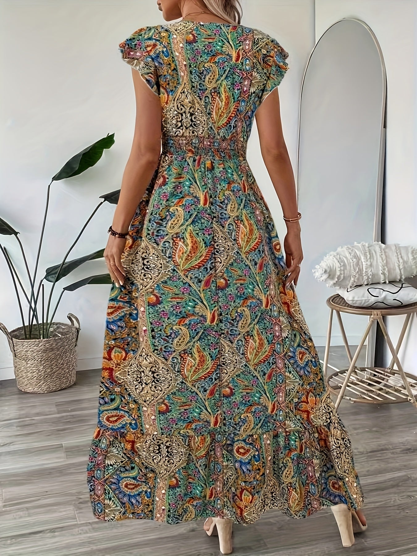 Printed V-Neck Mid-Length Dress