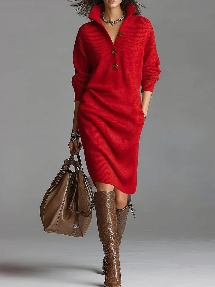 Sophisticated Lapel Button Dress