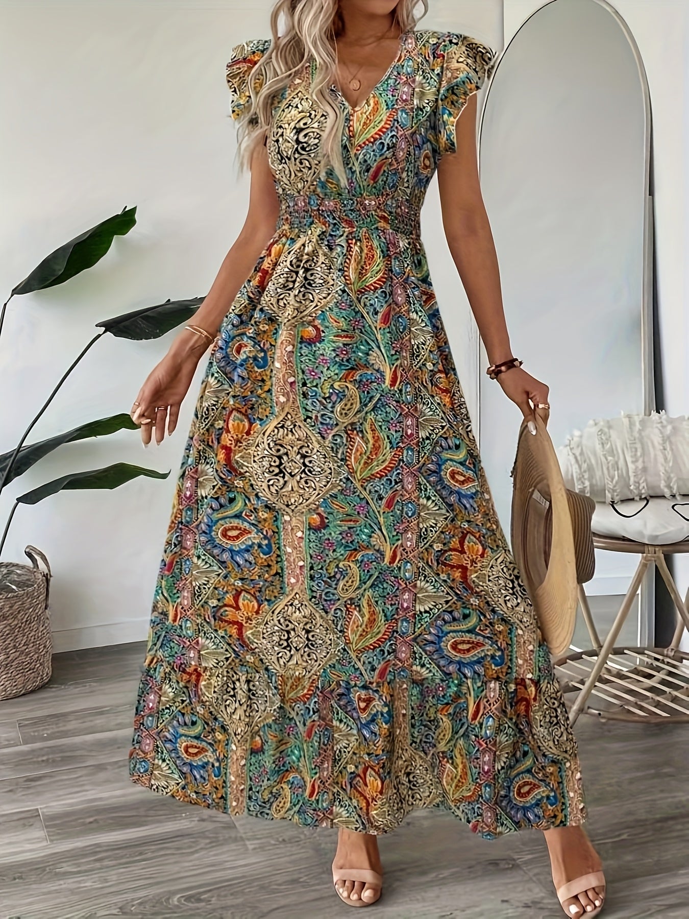 Printed V-Neck Mid-Length Dress
