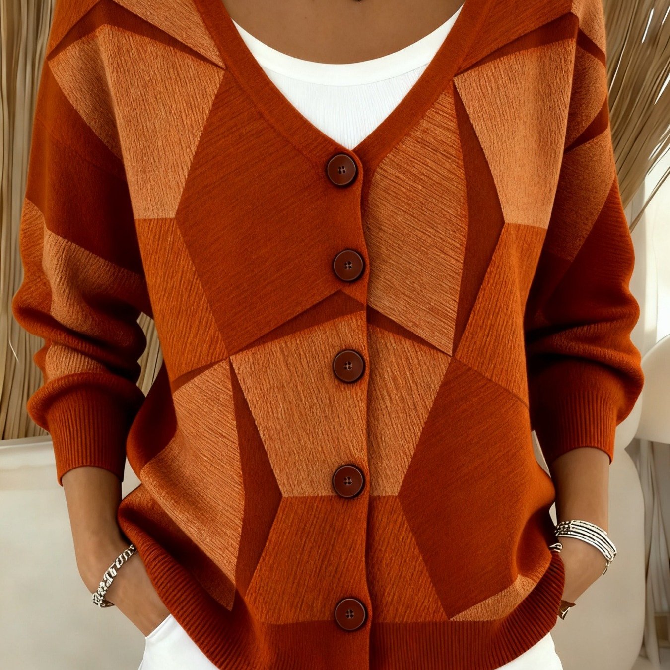 Geometric Print V-Neck Cardigan Jacket