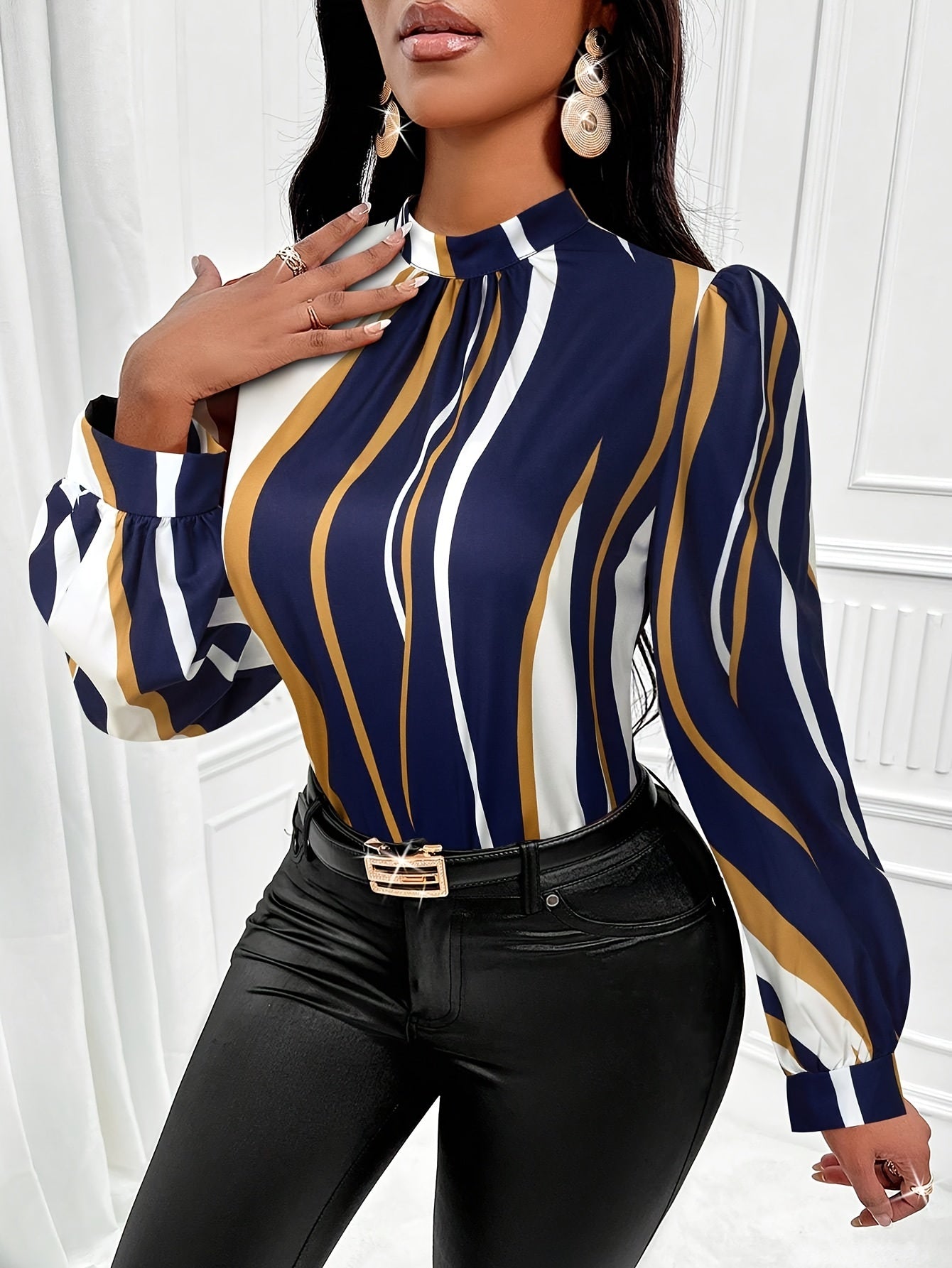 Abstract Print Mock Neck Blouse