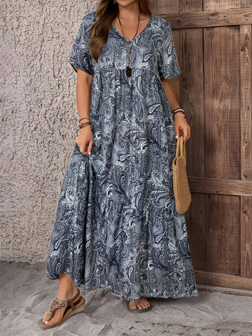Full Floral Print V-Neck Maxi Dress