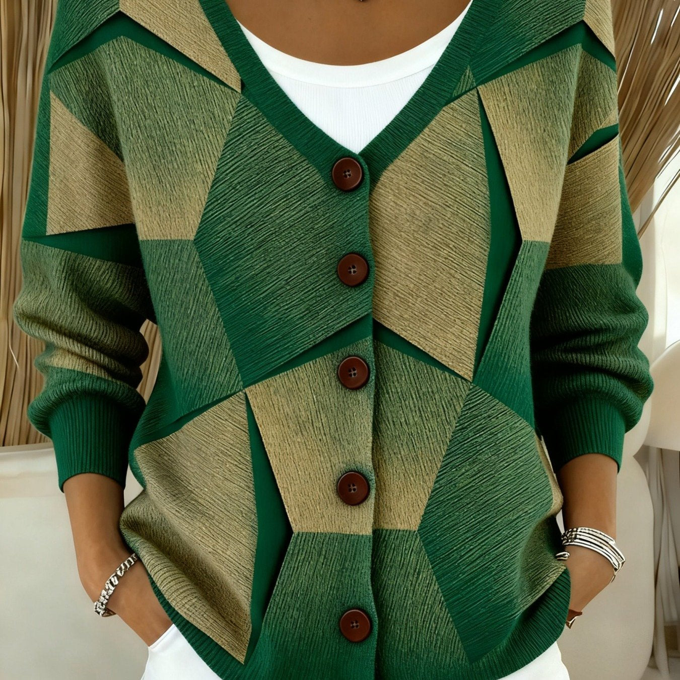 Geometric Print V-Neck Cardigan Jacket