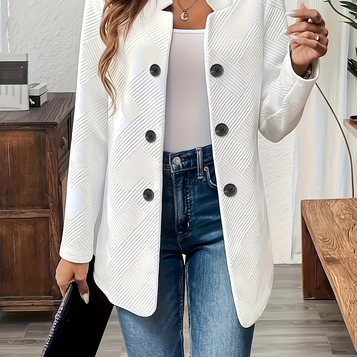 Textured Mid-Length Button Coat