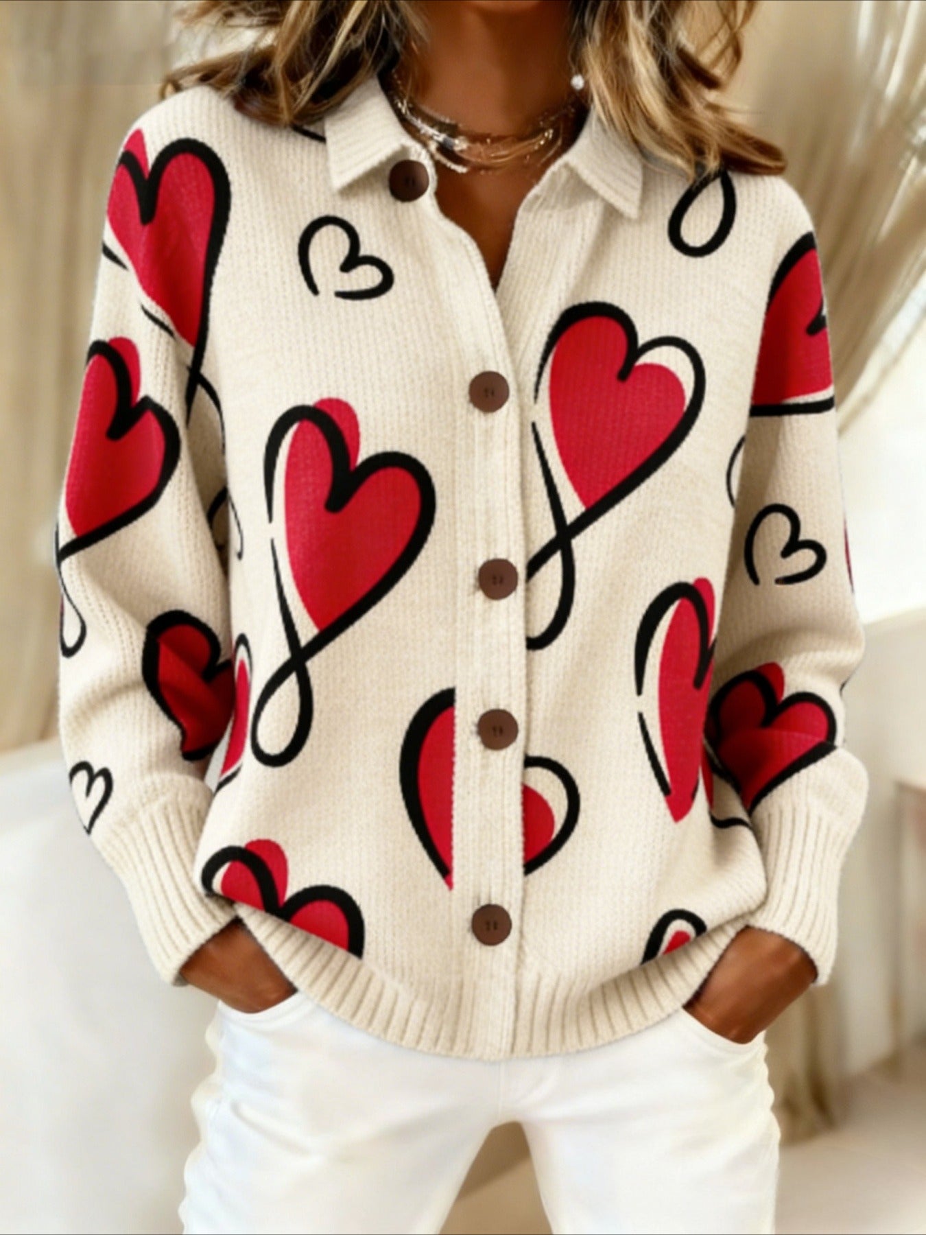 Heart Print Lapel Collar Cardigan
