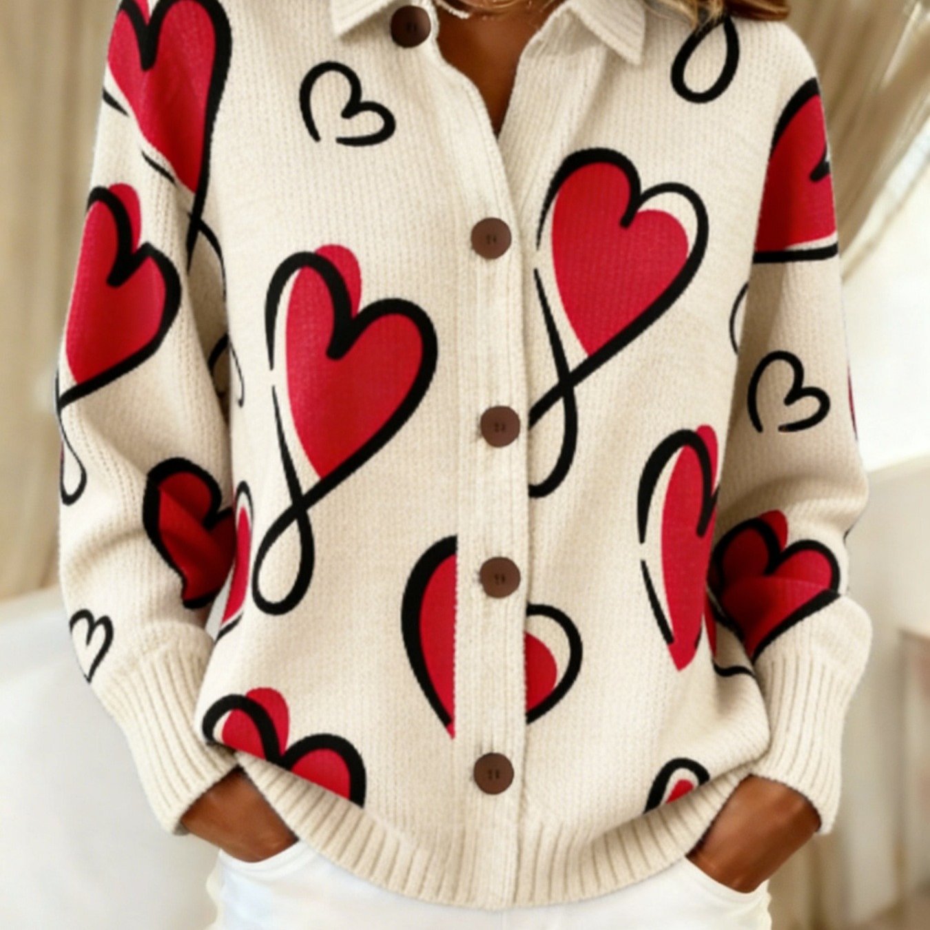 Heart Print Lapel Collar Cardigan