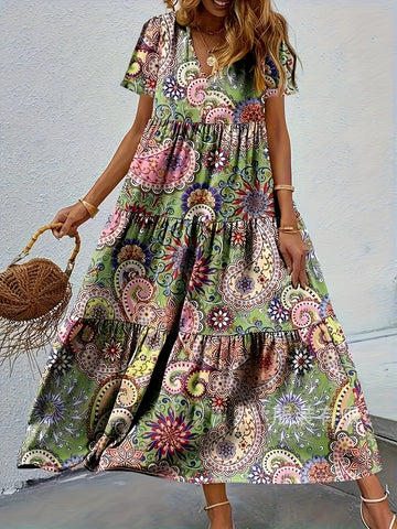 Printed Peplum V-Neck Dress