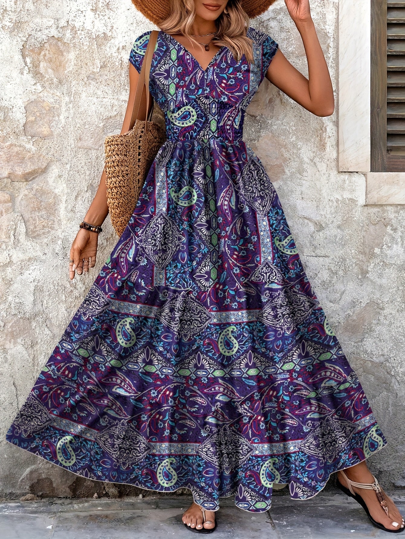Printed Sleeveless Summer V-Neck Dress