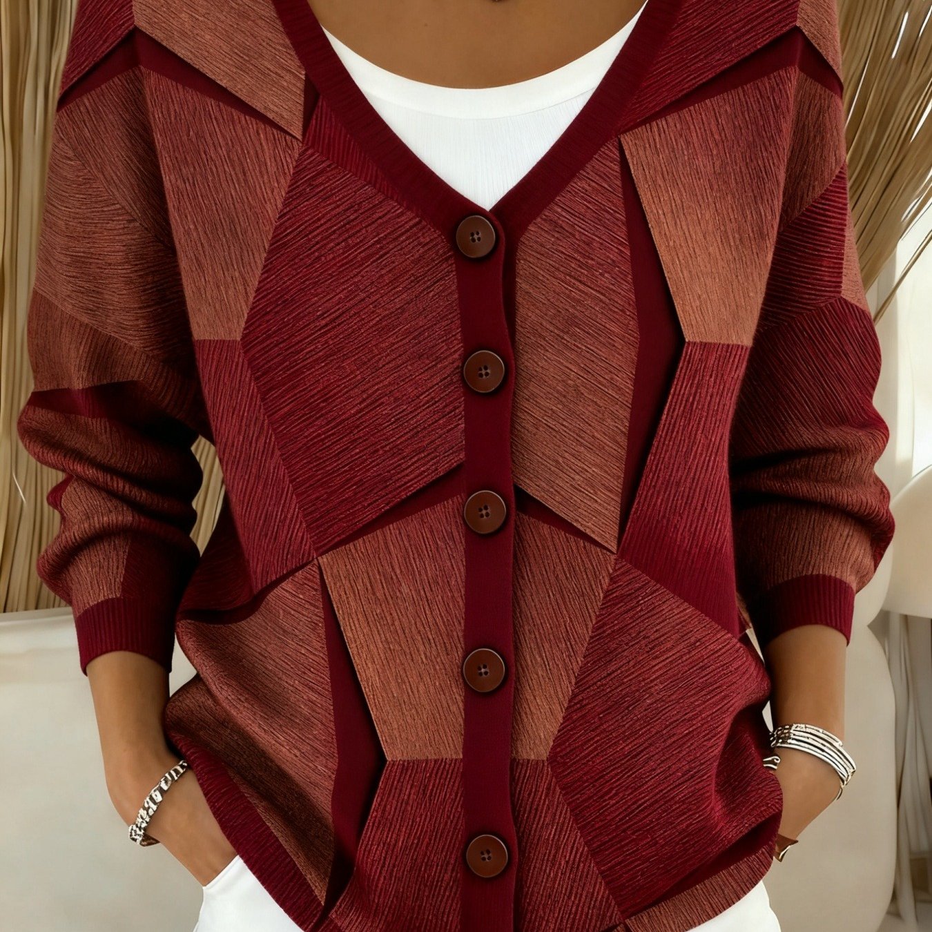 Geometric Print V-Neck Cardigan Jacket
