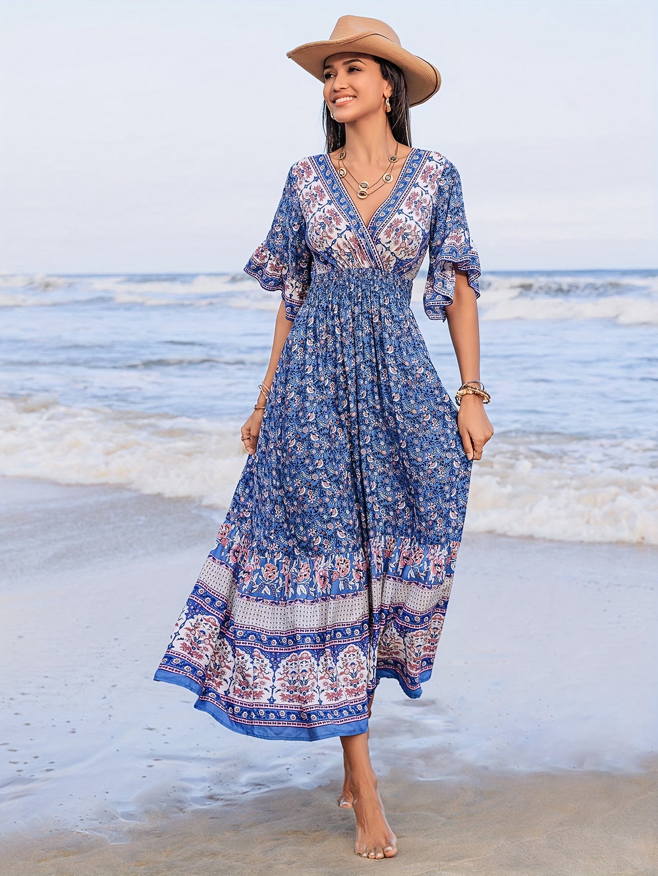 Rustic Floral V-Neck Maxi Dress