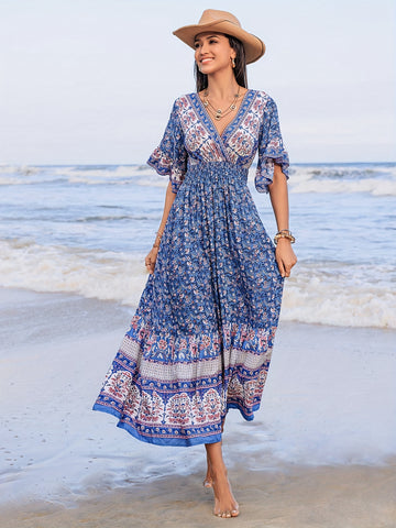 Rustic Floral V-Neck Maxi Dress