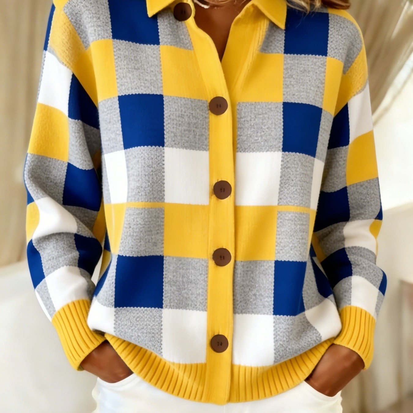 Yellow Blue Plaid Button-Up Cardigan