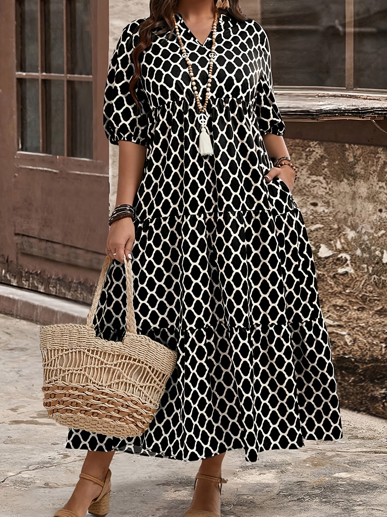Notched Collar Printed Dress