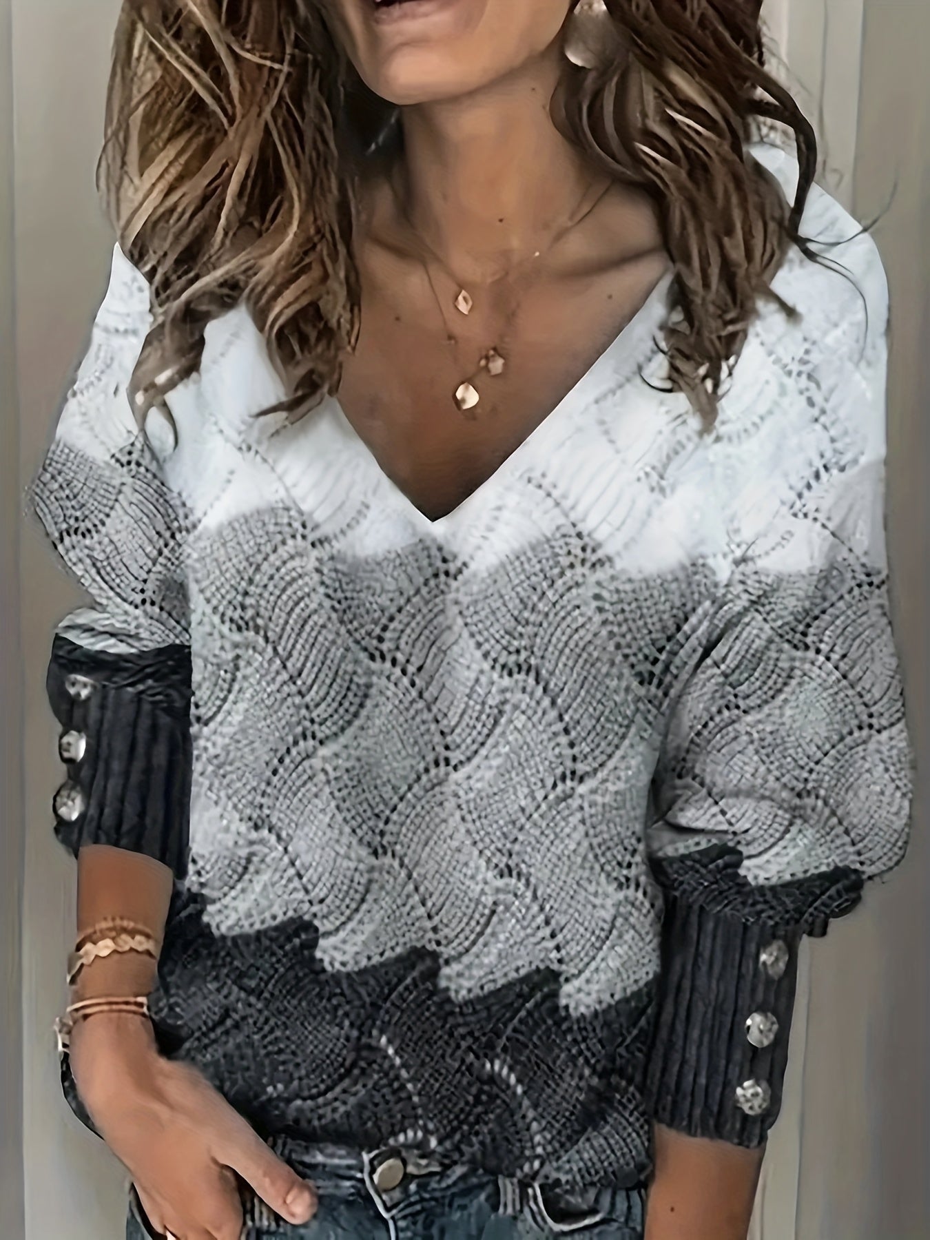 Color Block V-Neck Elegant Pullover