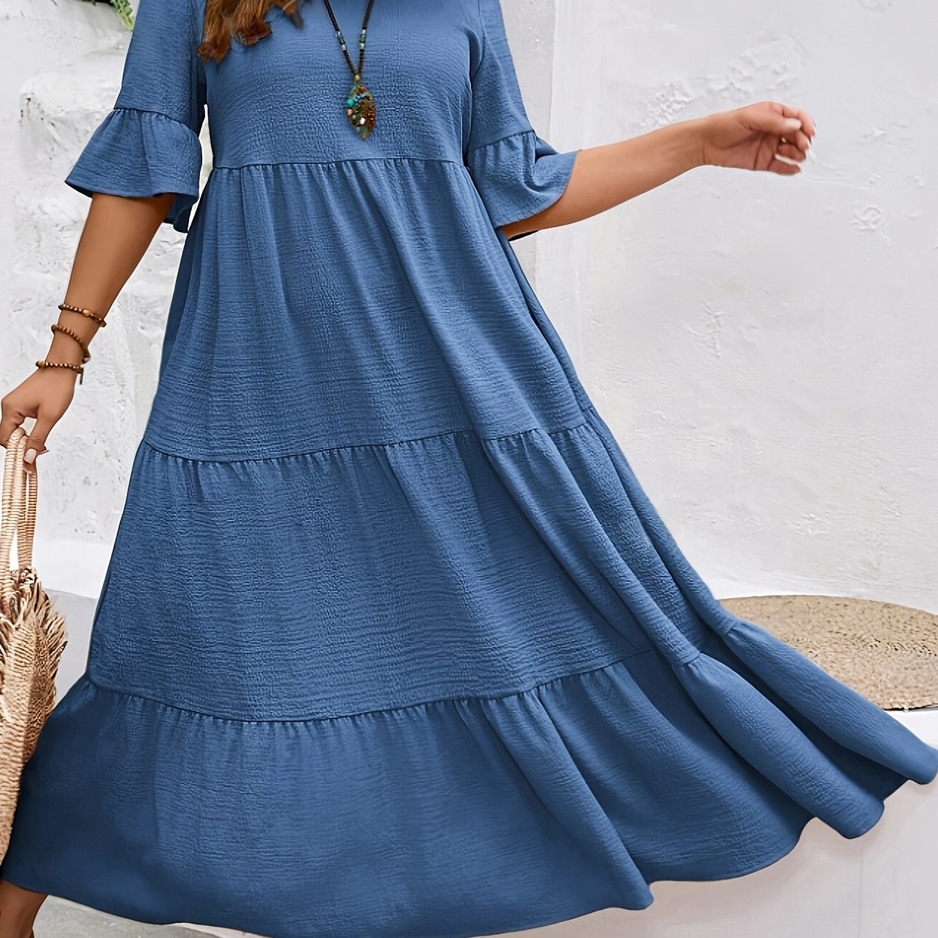 Solid V-Neck Flared Midi Dress