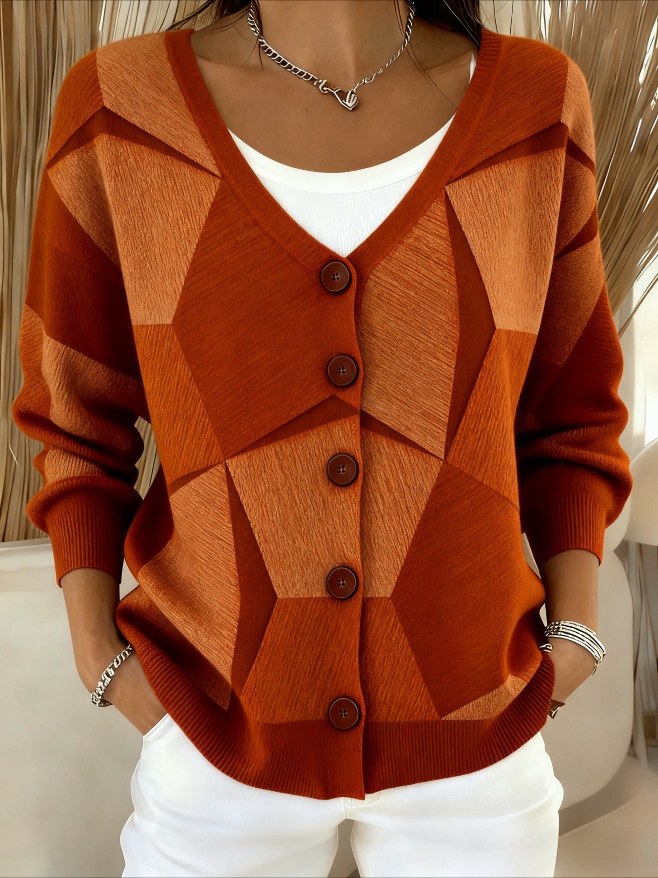 Geometric Print V-Neck Cardigan Jacket