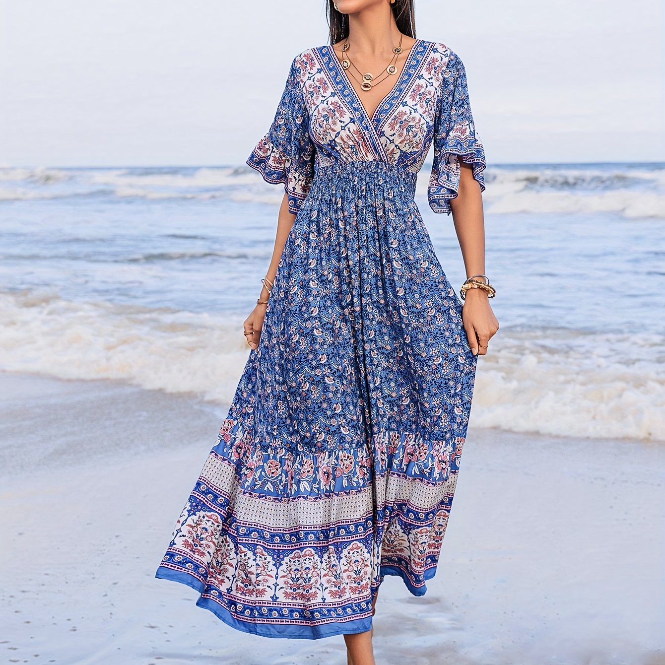 Rustic Floral V-Neck Maxi Dress