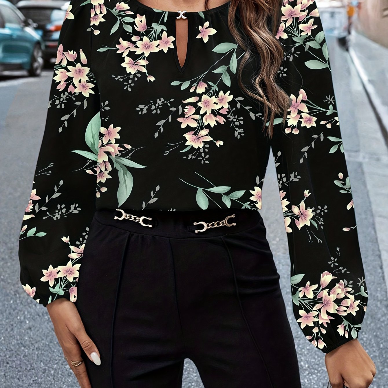 Printed Crew Neck Blouse with Metal Detail