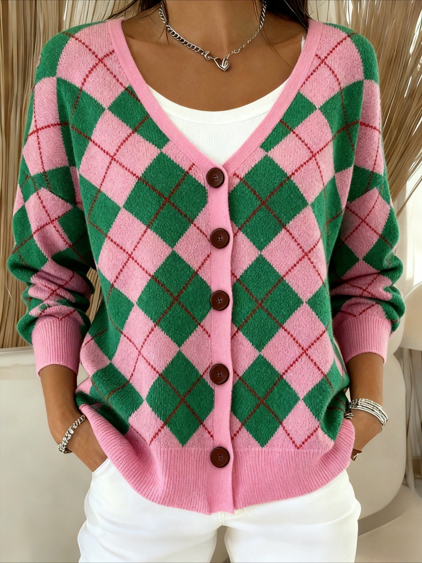 Plaid V-Neck Casual Knit Cardigan