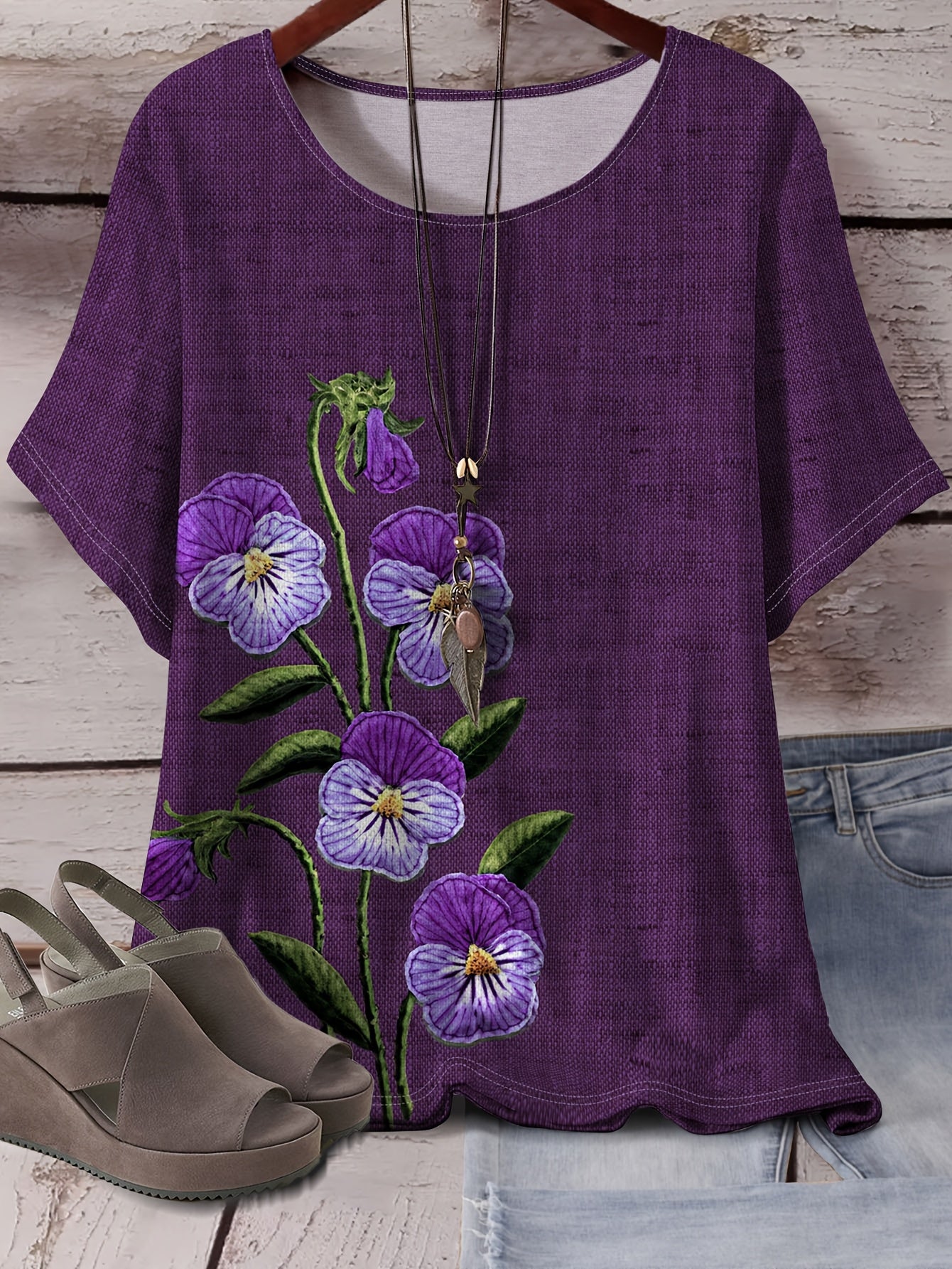Purple Floral Crew Neck T-Shirt