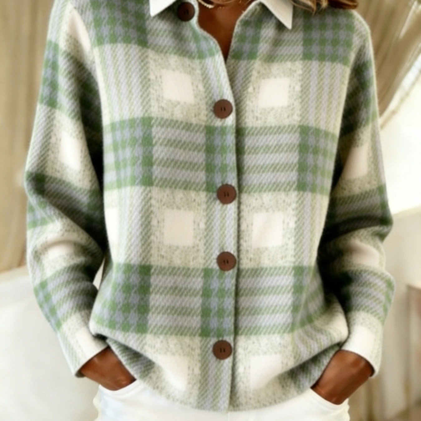 Green Geometric Stripe Lapel Cardigan