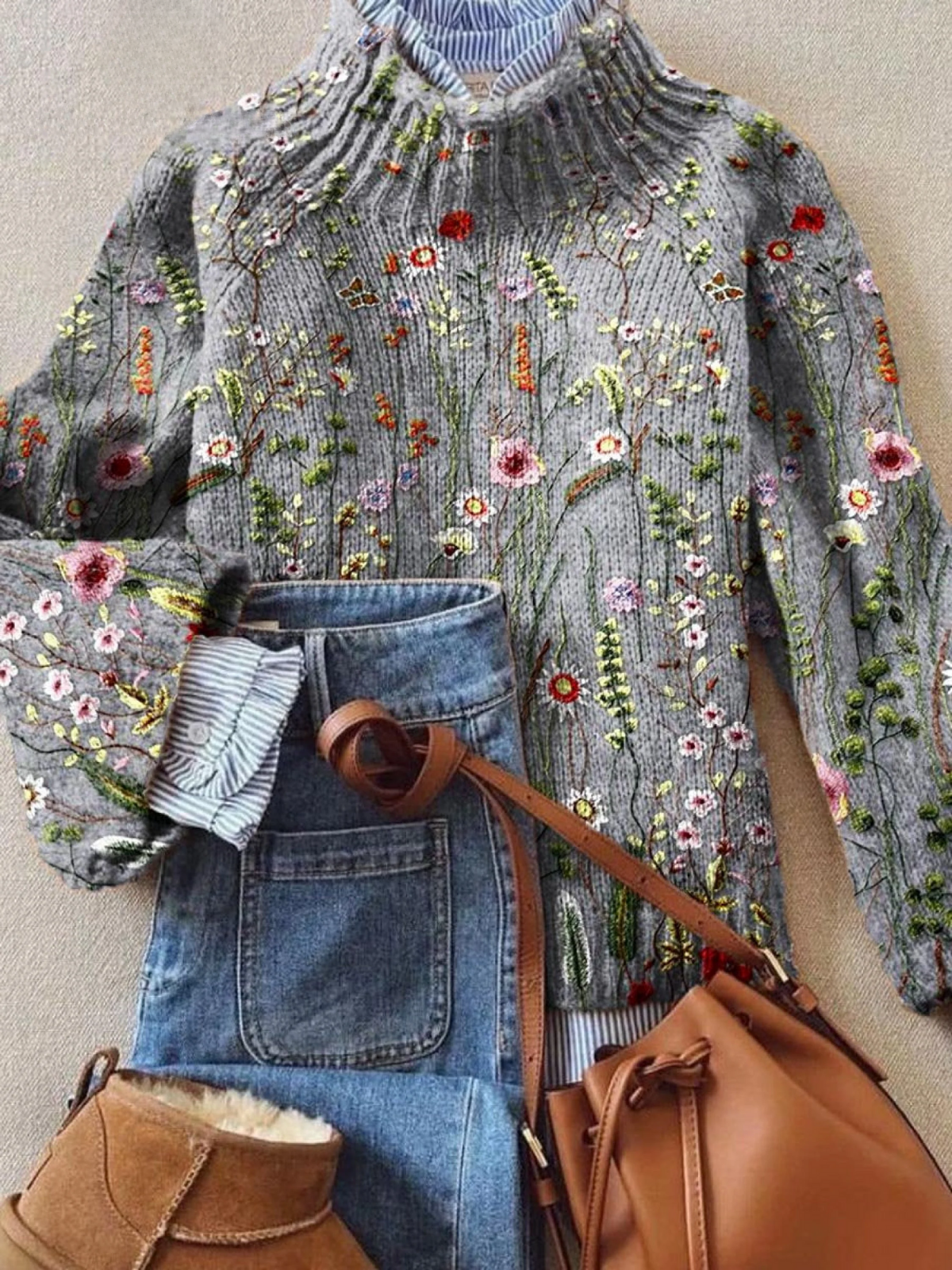 Floral Art Knit Turtleneck Sweater