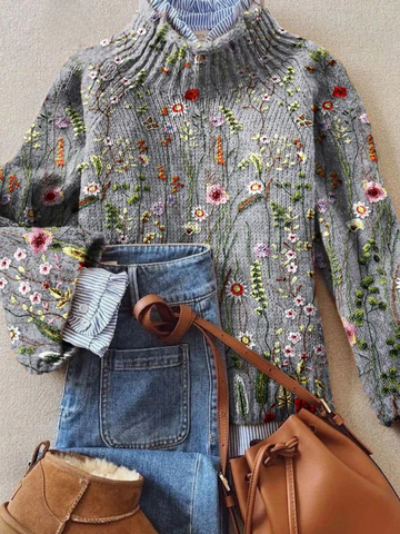Floral Art Knit Turtleneck Sweater