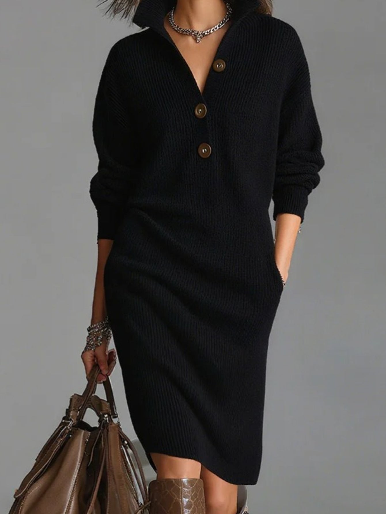 Brielle | Button Lapel Sweater Dress