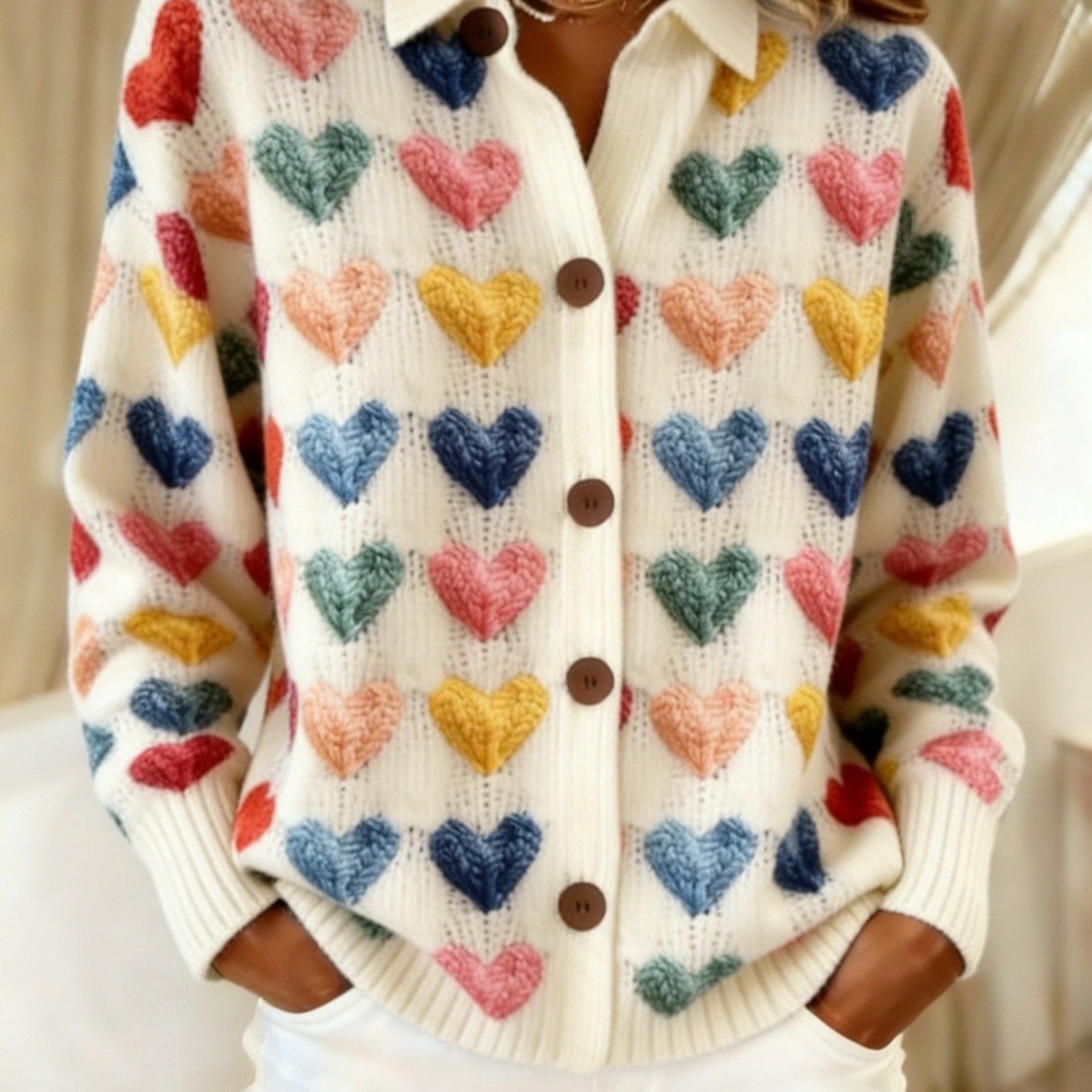 Colorful Heart Lapel Button Cardigan