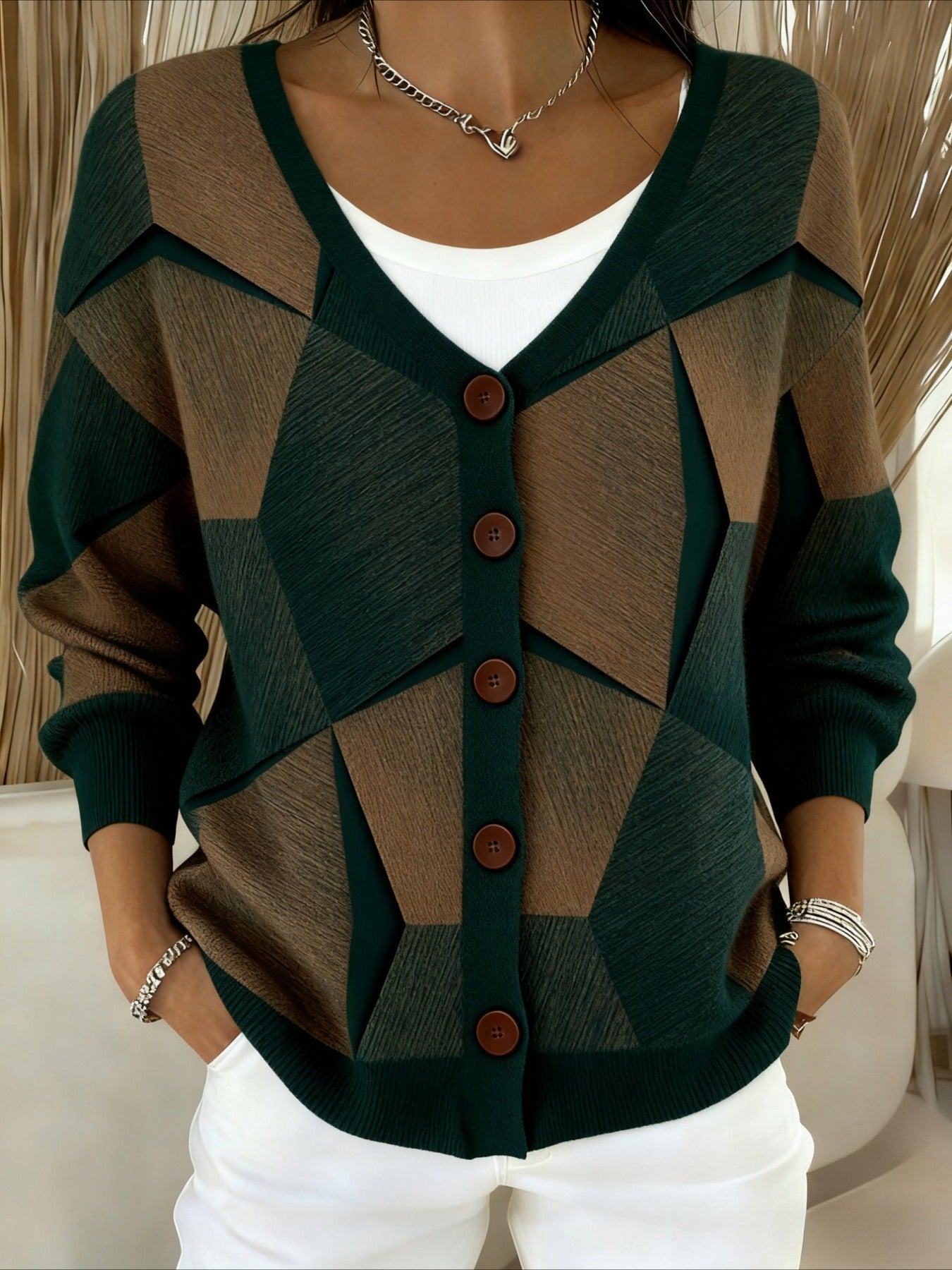 Geometric Print V-Neck Cardigan Jacket