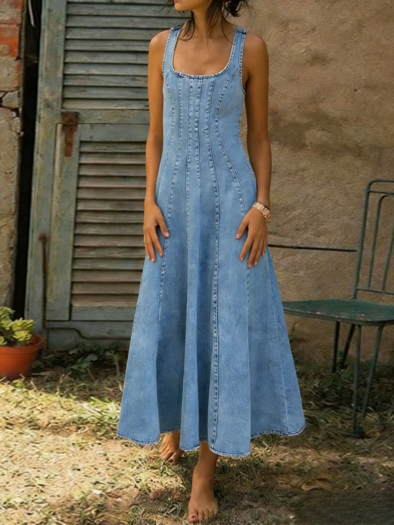 Washed Denim Long Dress