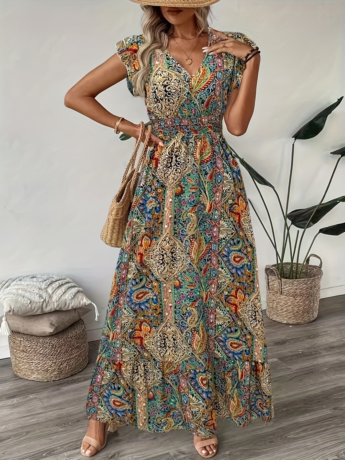 Printed V-Neck Mid-Length Dress