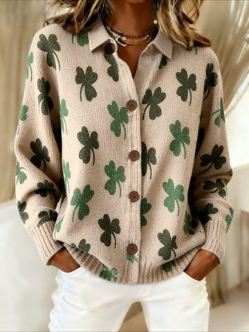 Clover Print Lapel Button Cardigan