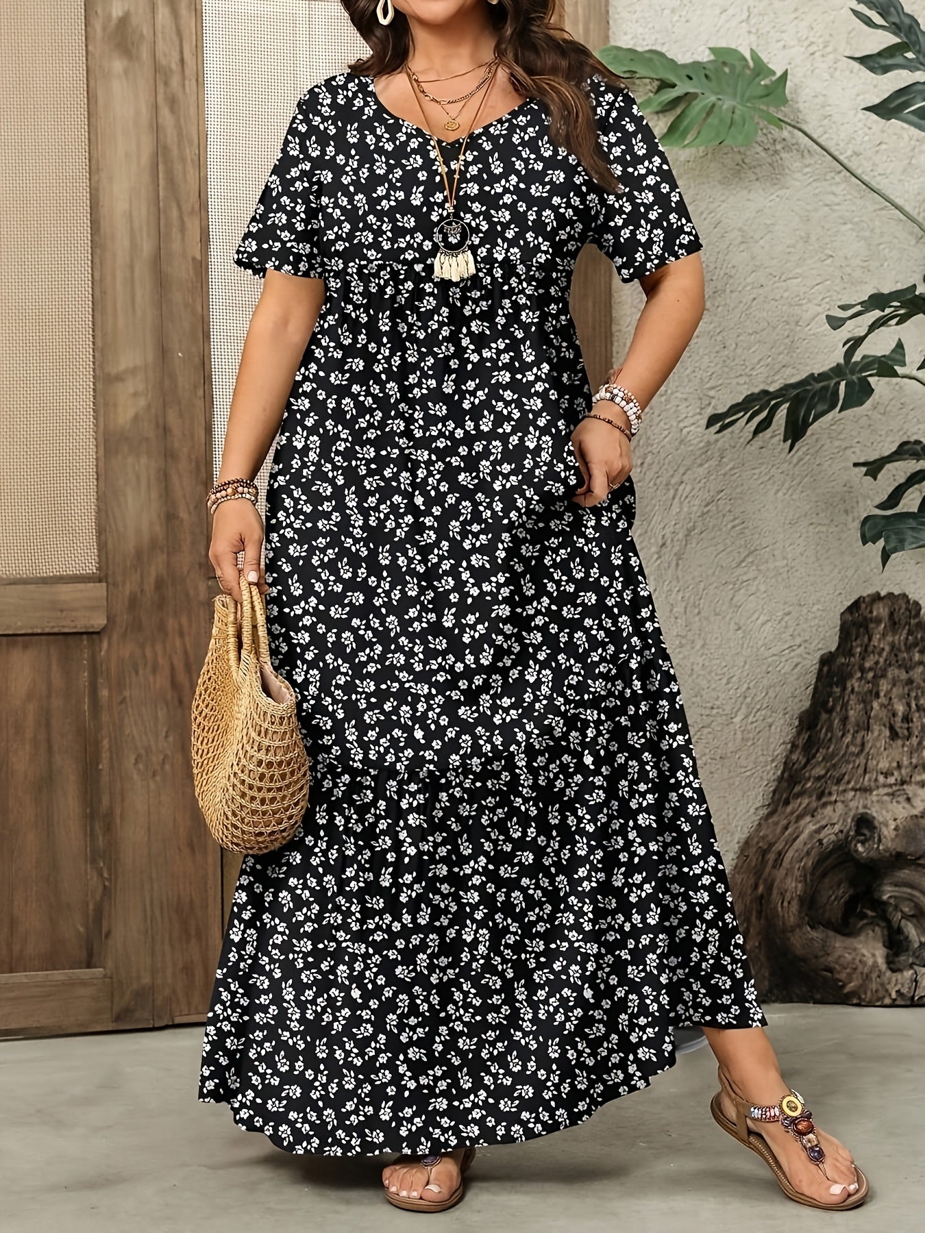 Floral V-Neck Tunic Maxi Dress