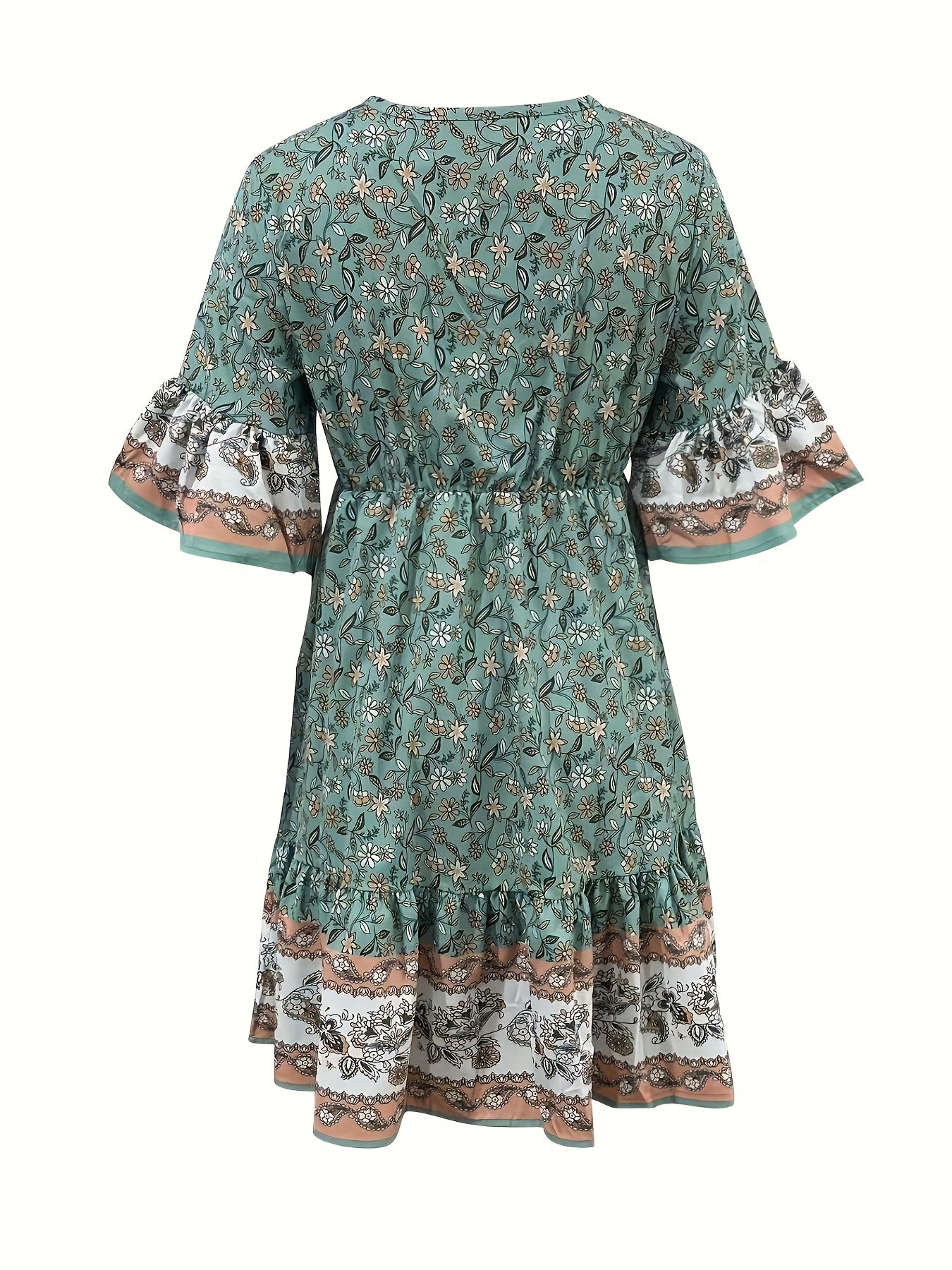 Elegant Floral Print Waist Flared Sleeve Dress