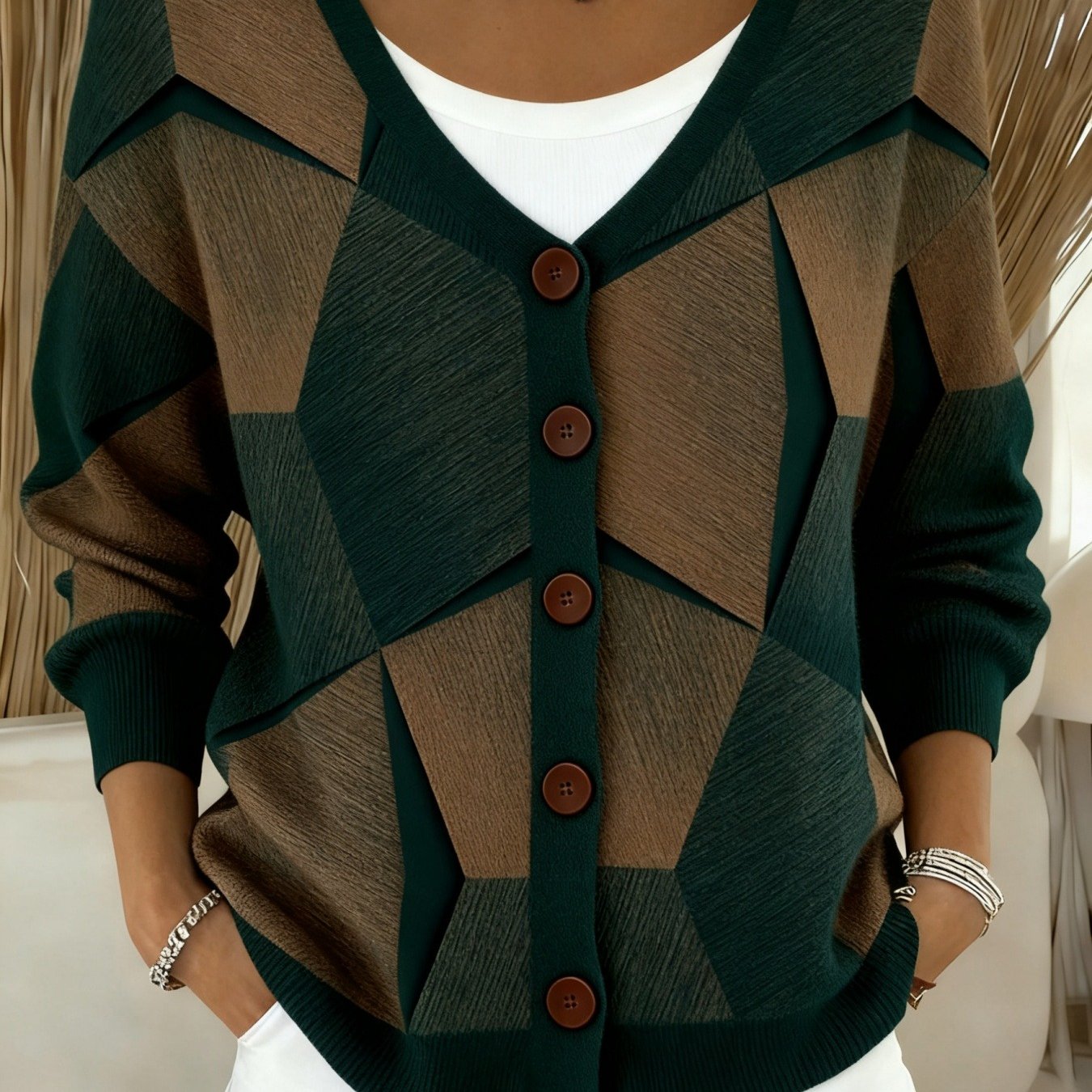 Geometric Print V-Neck Cardigan Jacket
