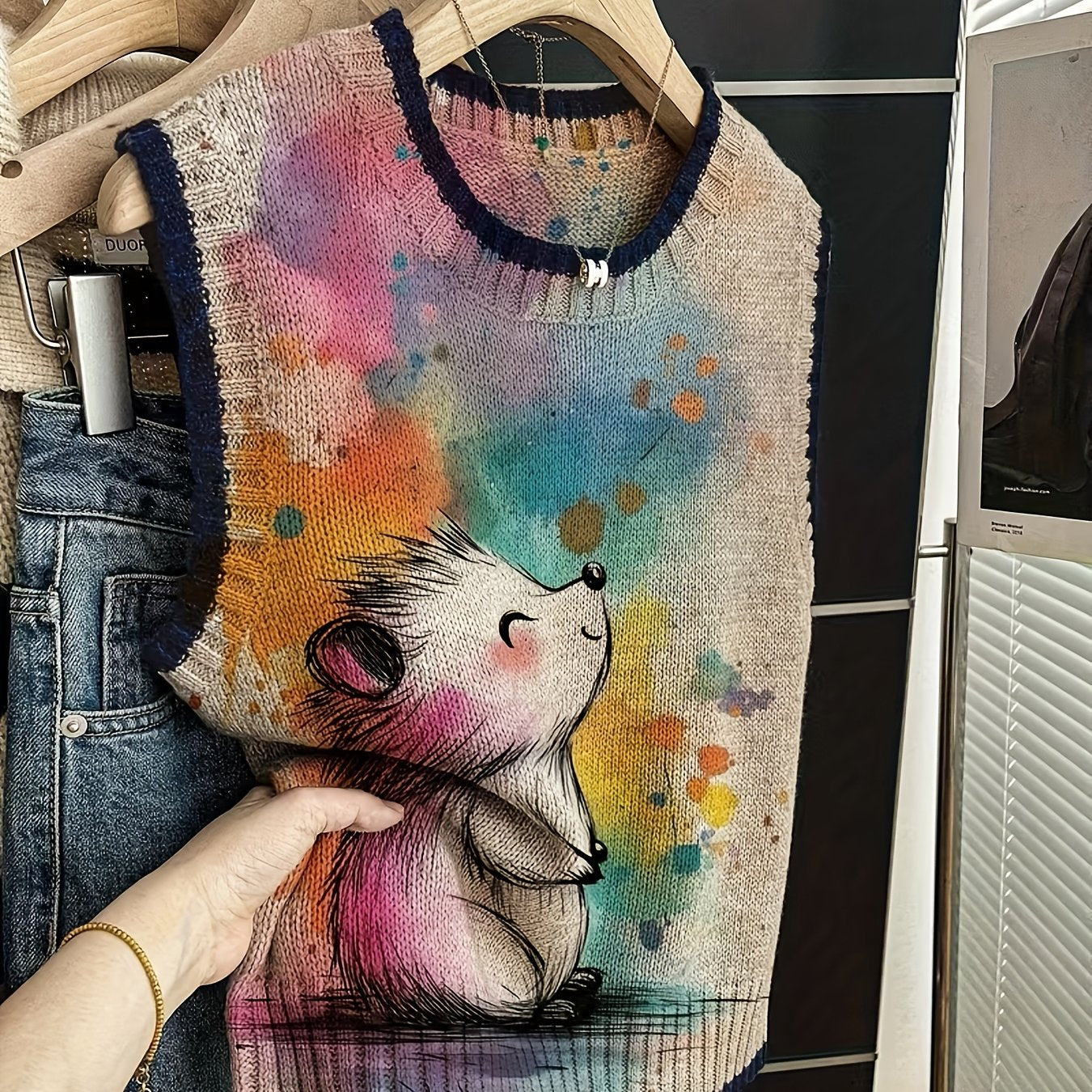 Hedgehog Illustration Knit Vest