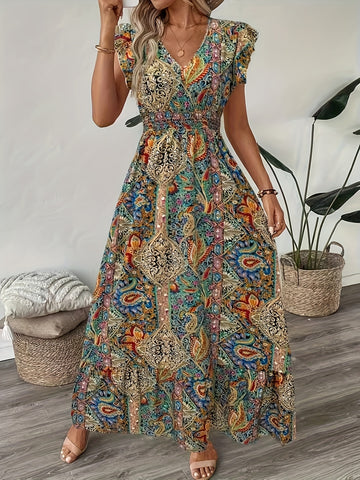 Printed V-Neck Mid-Length Dress