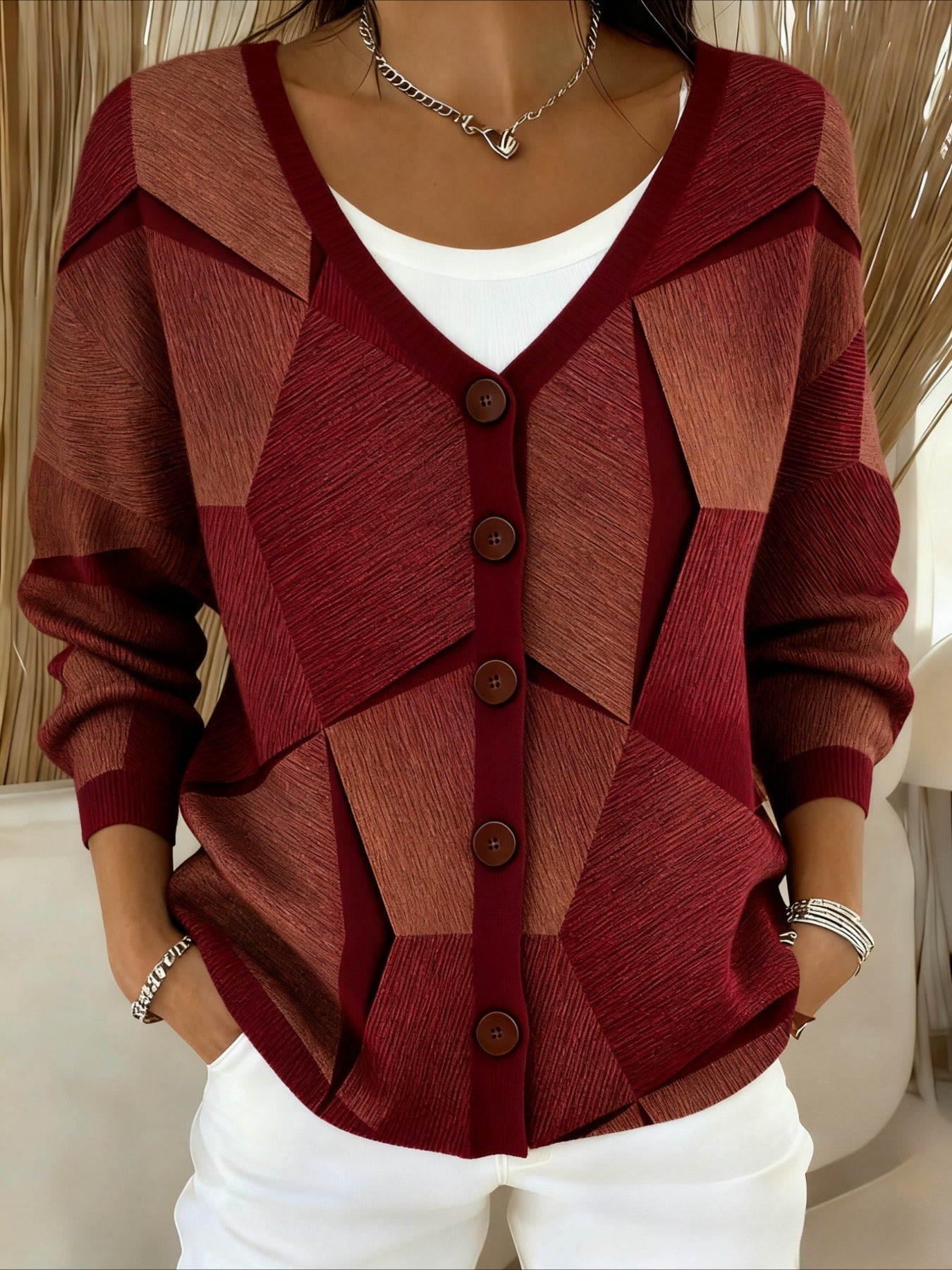 Geometric Print V-Neck Cardigan Jacket