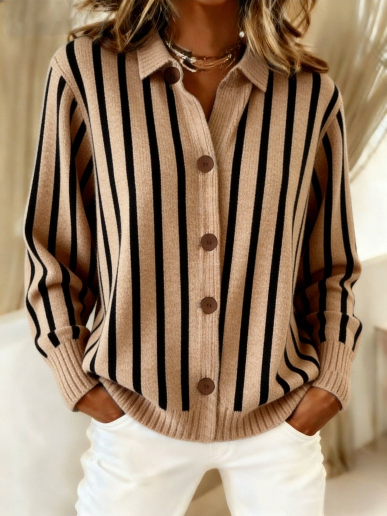 Striped Lapel Button Knit Cardigan