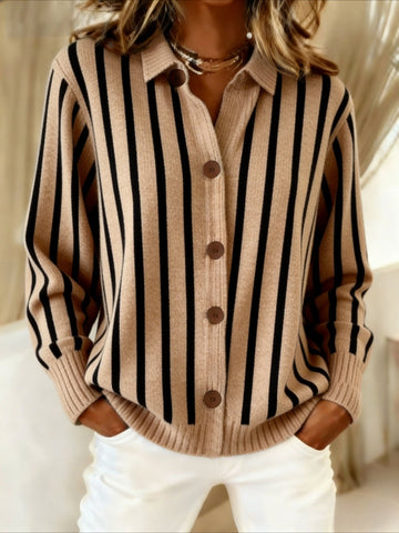 Striped Lapel Button Knit Cardigan