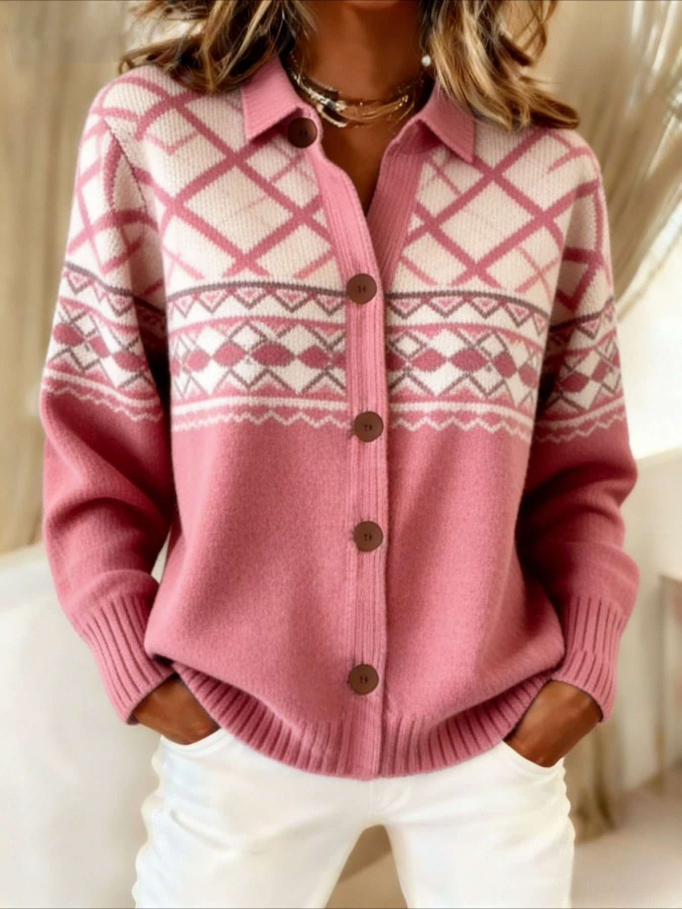 Diamond Stripe Lapel Knit Cardigan